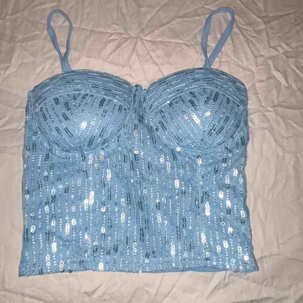 Blue Sequin Bustier Top